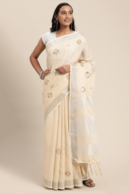 Cream Linen Woven Saree with Resham embroidery