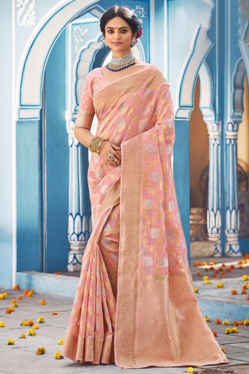 Pale Pink Linen Traditional Saree with Zari Work