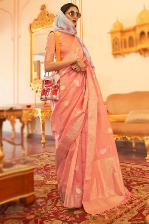 Party Wear Weaved Thread Embroidered Salmon Peach Saree in Linen