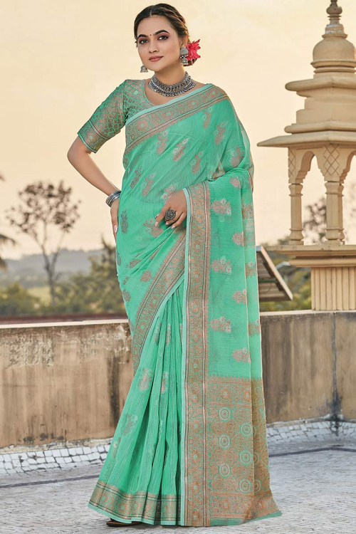 Linen Seafoam Green Party Wear Saree with Zari embroidery