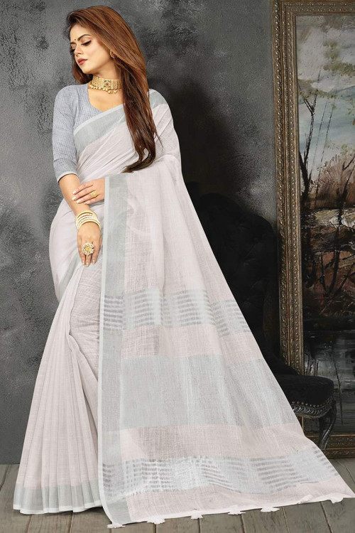 Linen White Pure Georgette Saree with Moti, Cut-Dana & Lucknowi work –  Ethnos