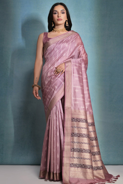 Woven Zari Mauve Pink Raw Silk Broad Border Saree