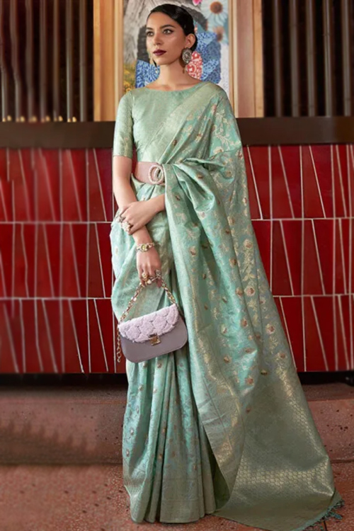 Woven Zari Mint Blue Silk Broad Border Saree