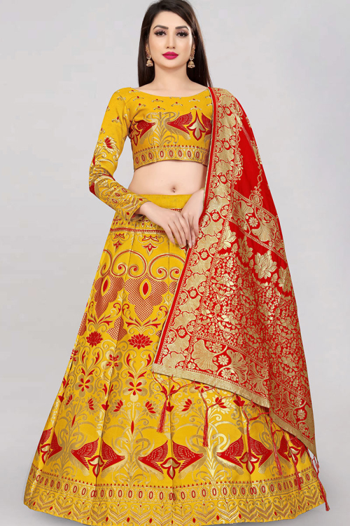 Woven Zari Mustard Yellow Silk A-line Lehenga 
