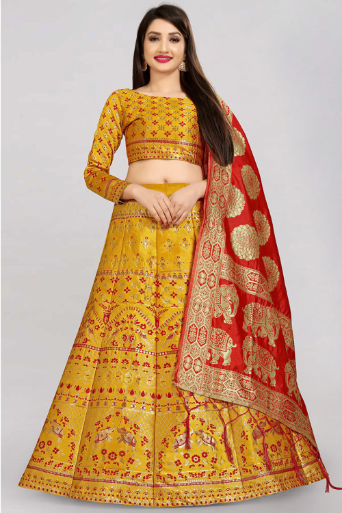 Woven Zari Mustard Yellow Silk Lehenga Choli 