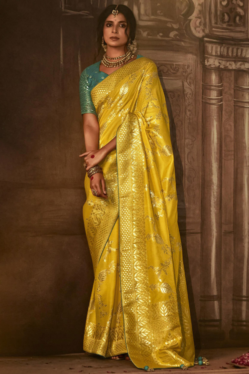 Woven Zari Mustard Yellow Silk Light Weight Saree 