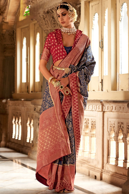 Woven Zari Navy Blue Broad Border Saree In Silk 