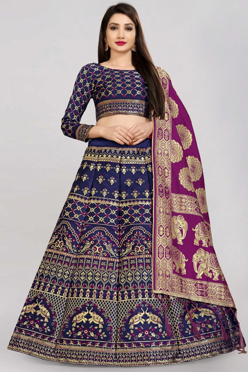 Woven Zari Navy Blue Lehenga Choli 