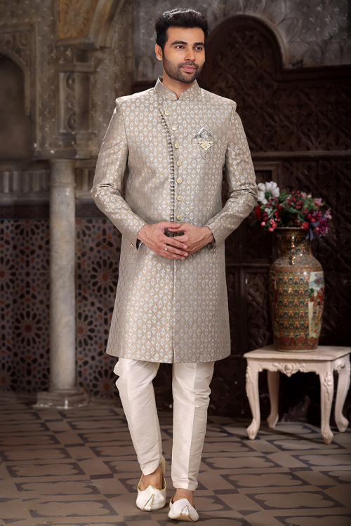 Woven Zari Oat Beige Jacquard Indo-Western Men's Sherwani