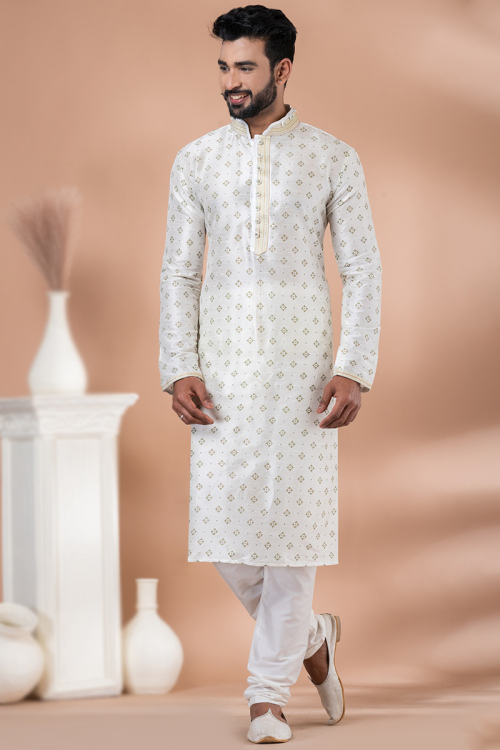 Woven Zari Off White Dupion Silk Straight Cut Men's Kurta Pajama 