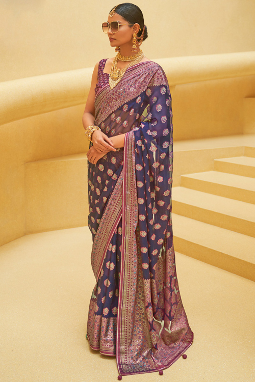 Woven Zari Organza Blue Saree