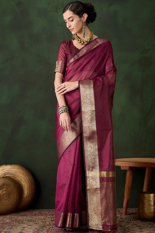 Woven Zari Organza Burgundy Maroon Festival Wear Saree 