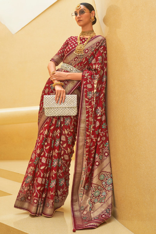 Woven Zari Organza Deep Red Saree