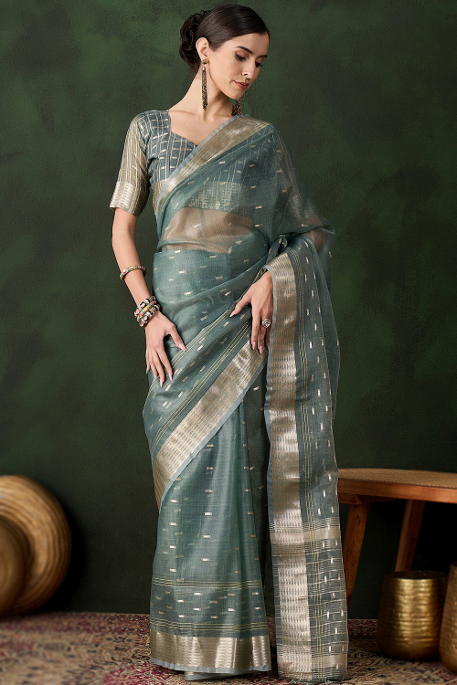 Woven Zari Organza Greenish Grey Festival Wear Saree