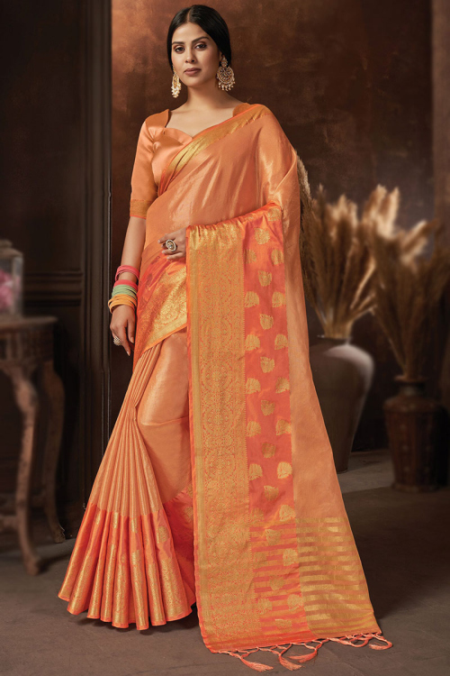 Woven Zari Organza Silk Coral Peach Saree