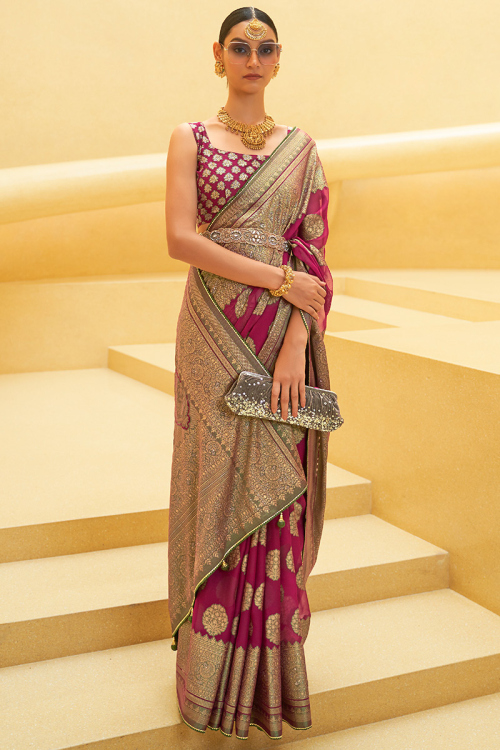 Woven Zari Organza Wine Maroon Saree