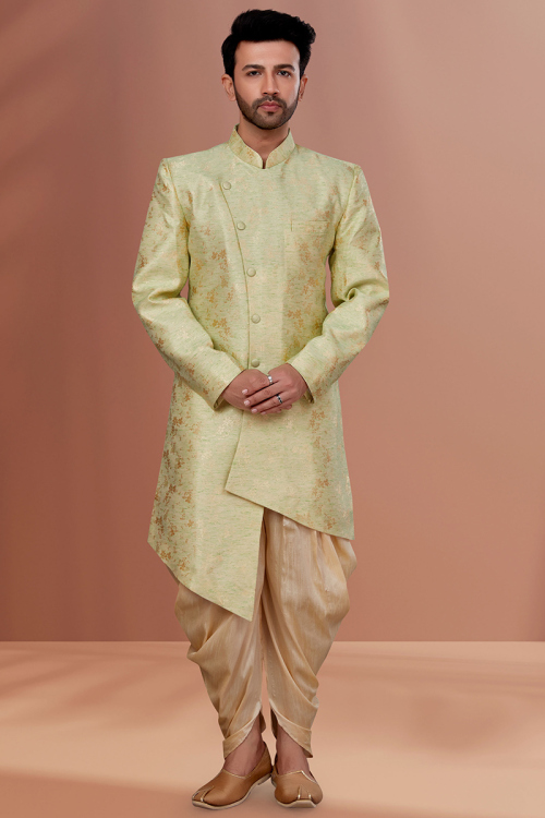 Woven Zari Pear Green Men's Sherwani
