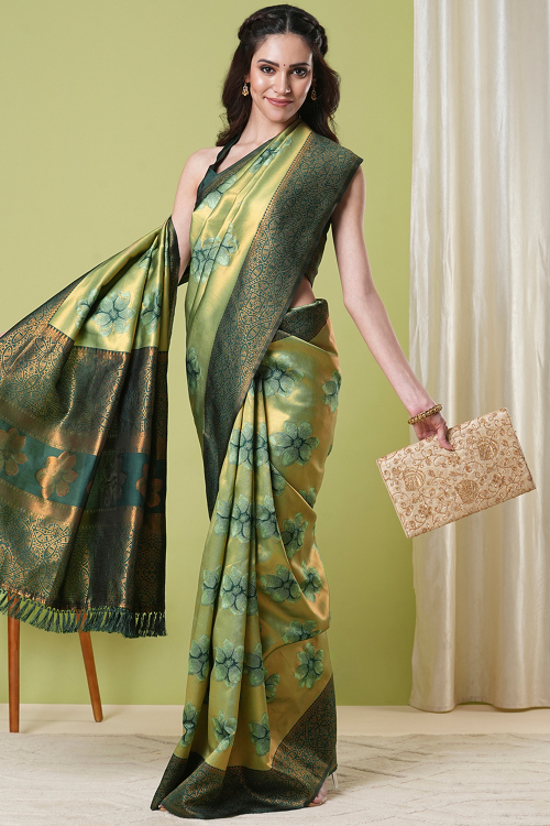 Woven Zari Pear Green Silk Broad Border Saree With Dark Green Blouse