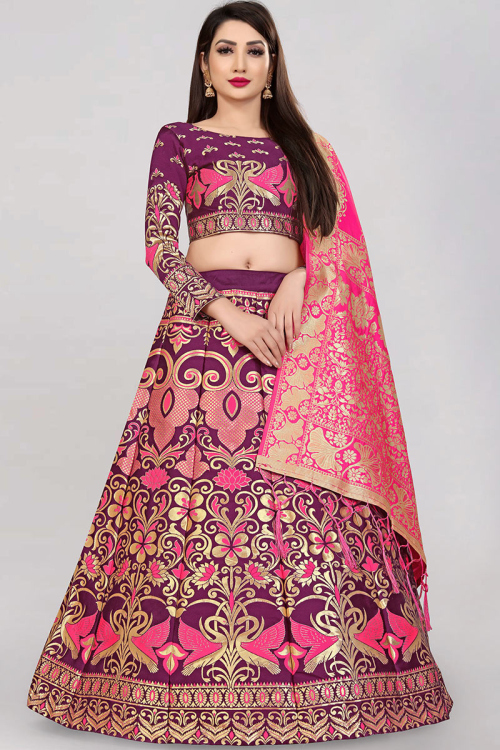 Woven Zari Plum Purple A-line Lehenga Choli 