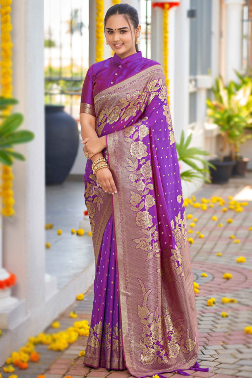 Buy 40 M Size Purple Chinese Collar Neck Sarees Online for Women in USA