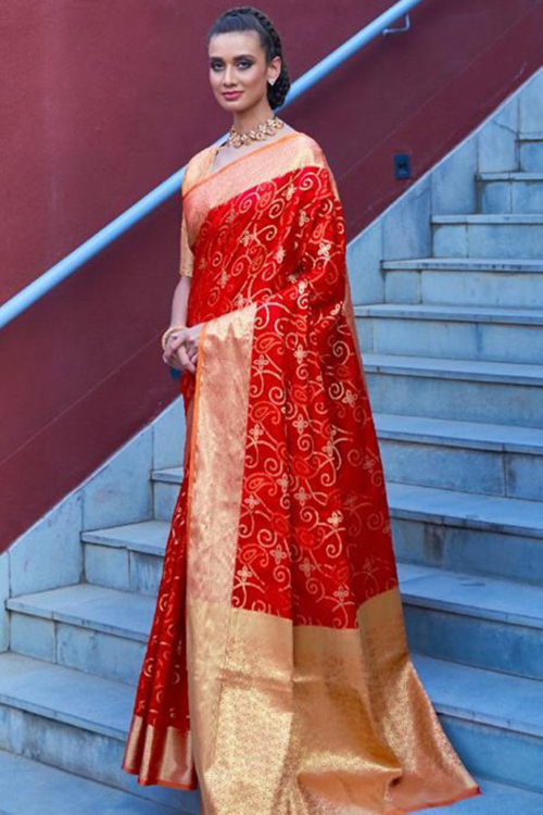 Red Printed Woven Zari Silk Saree