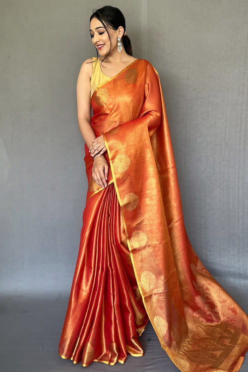 Woven Zari Rust Orange Saree in Tissue Silk 