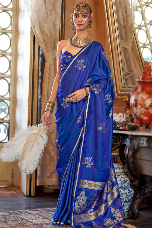 Woven Zari Satin Dark Blue Light Weight Saree 
