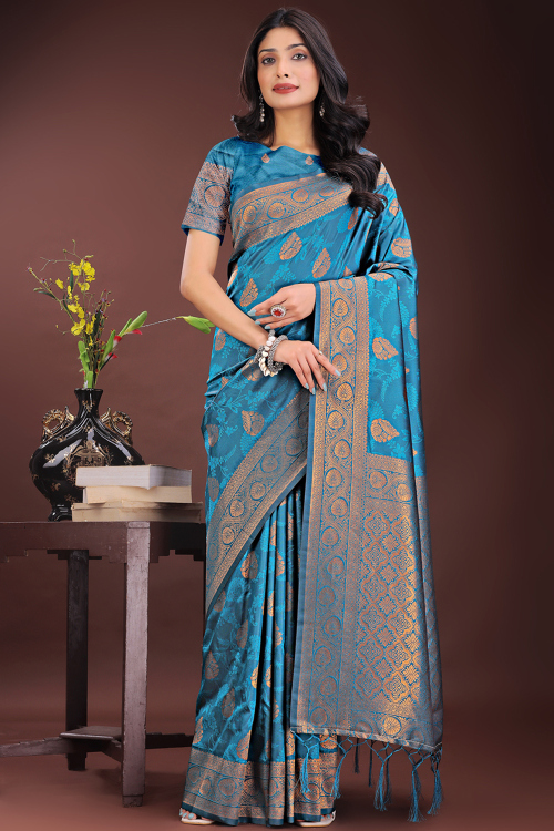 Woven Zari Sea Blue Silk Broad Border Saree 