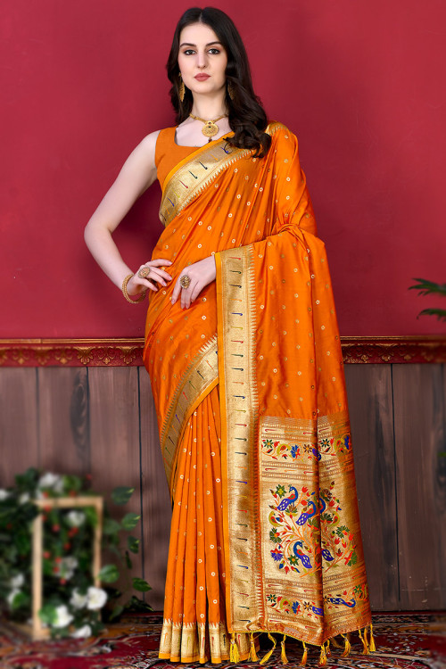 Wedding Wear Weaved Thread Work Carrot Orange Saree in Silk