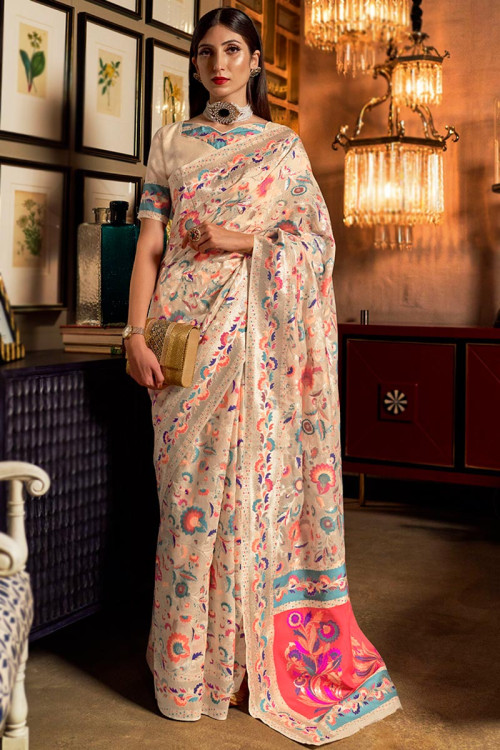 Beauteous Wedding Wear Cream Color Saree In Silk Fabric