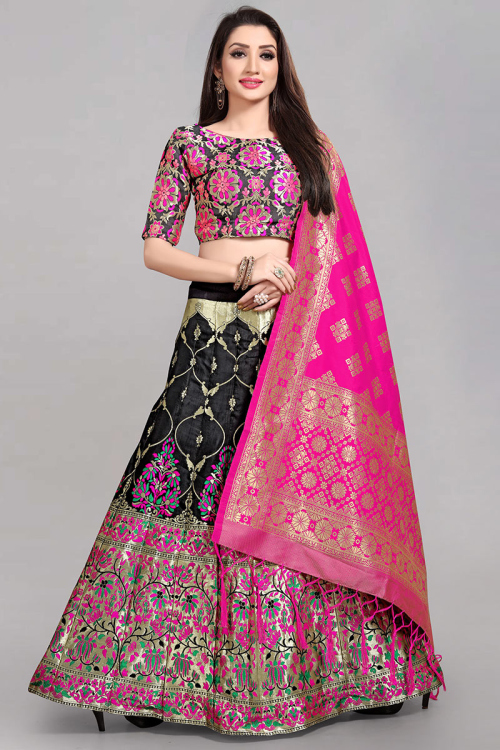 Woven Zari Silk Dark Black Lehenga
