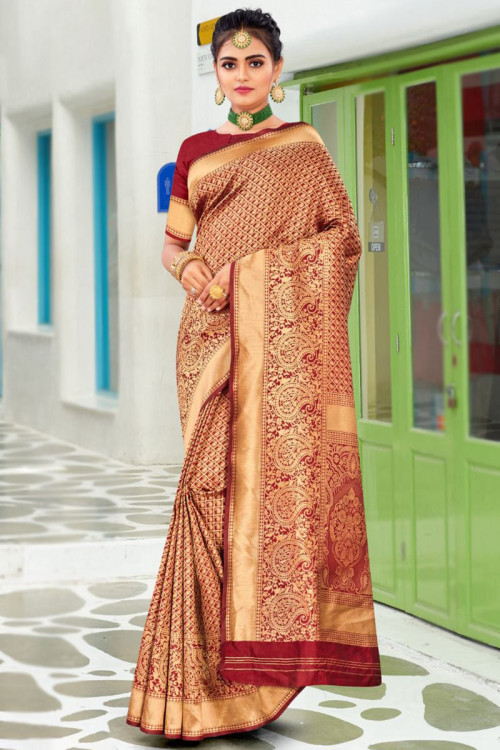 Ethnic Lycra Maroon Bridal Saree Online | Bagtesh Fashion