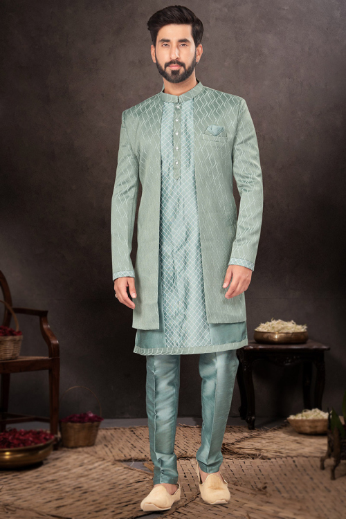 Woven Zari Silk Jacket Style Men's Mint Blue Kurta Pajama