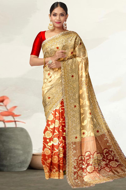 Buy Beige Zari Weaving Satin Saree With Blouse Online At Zeel Clothing