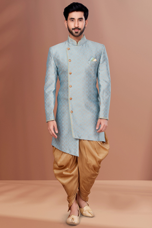 Woven Zari Silk Light Blue Men's Sherwani
