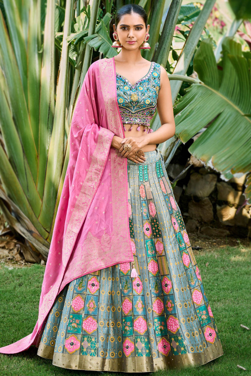Woven Zari Silk Light Blue Panelled Lehenga 