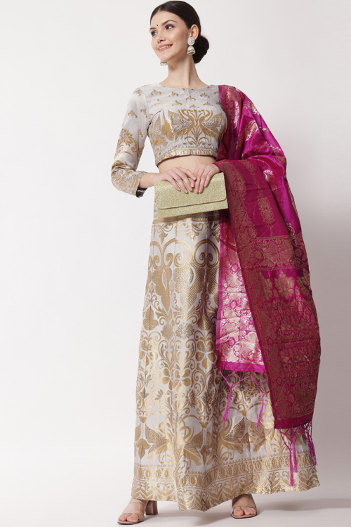 Woven Zari Silk Light Grey Panelled Style Lehenga 