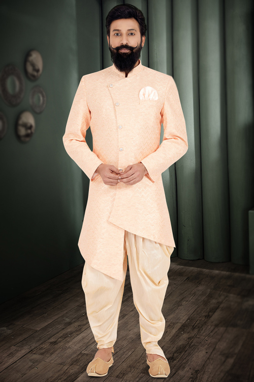 Woven Zari Silk Light Peach Men's Sherwani