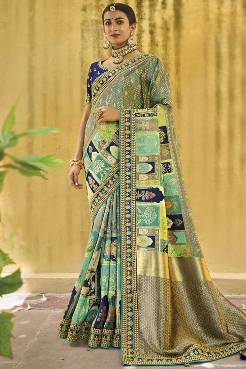 Saree in Silk Multi Color with Lace Embroidery for Party 