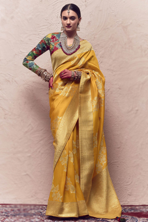 Woven Zari Silk Mustard Yellow Traditional Saree 