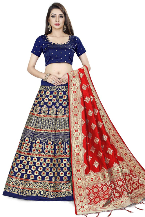 Wedding Wear Zari Embroidered Lehenga in Silk Navy Blue