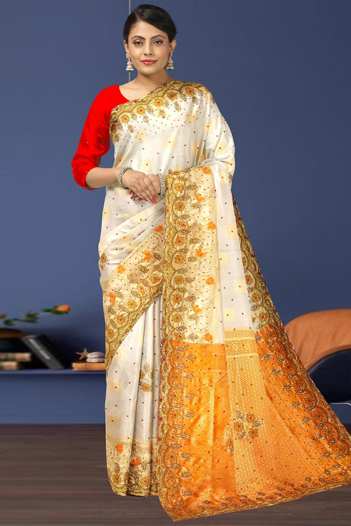 Silk Saree with Zari Embroidery in Off White for Wedding Party 