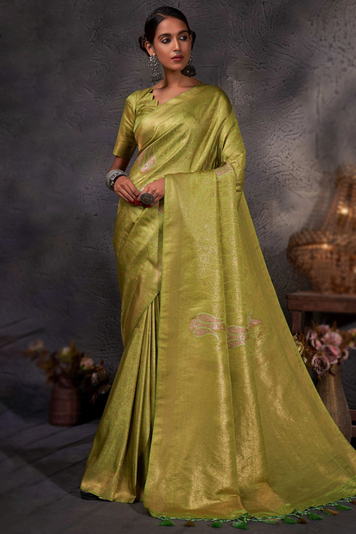 Olive Green Party Wear Weaved Thread Embroidered Saree in Silk