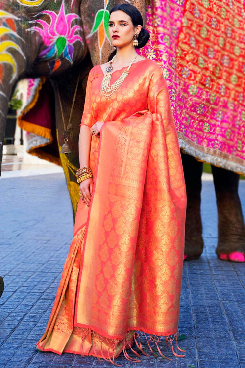 Orange Woven Silk Saree for Party 