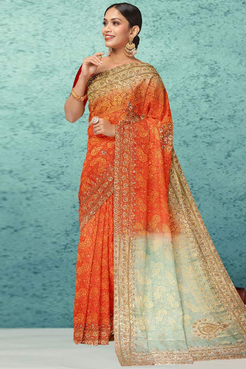 Party Wear Beads Embroidered Saree in Silk Orange
