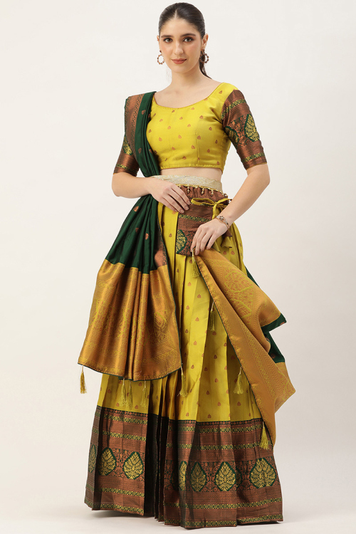 Woven Zari Silk Pear Yellow Pleated Lehenga 