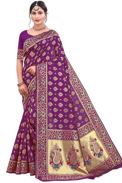 Saree for Party Wear in Silk Purple with Weaved Thread embroidery