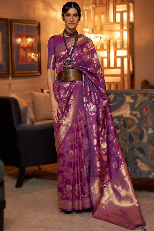 Saree for Wedding Wear in Silk Purple with Weaved Thread Work