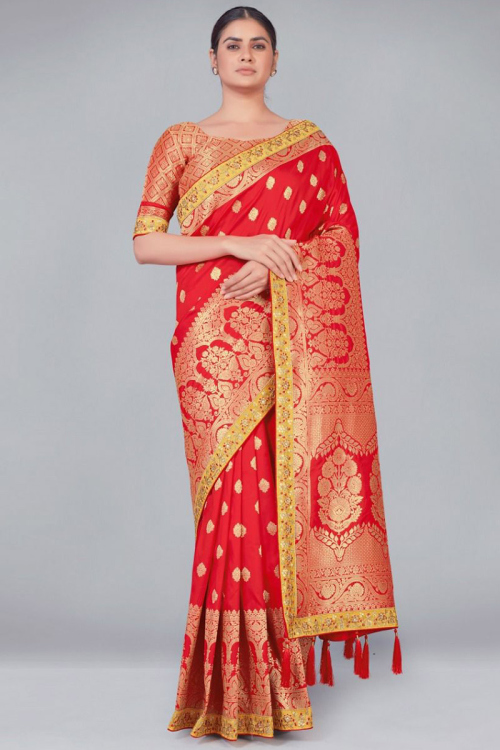 Saree in Silk Red with Lace Embroidery for Wedding 
