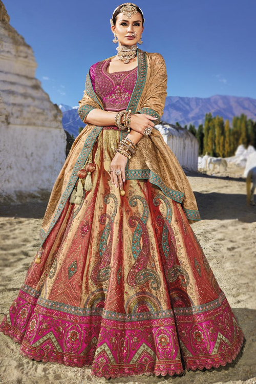 Woven Zari Silk Salmon Orange Panelled Style Lehenga